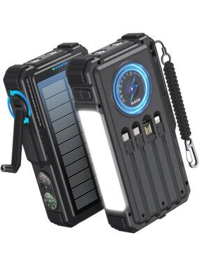 20000mAh Solar Power Bank with Hand Crank & 4 Built-in Charging Cables